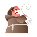 Monk reading a scroll, funny cartoon character. Isolated, white background.