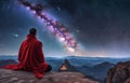 monk in red in mediation on the mountain ,An incredible fantasy world . AI generate