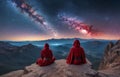 monk in red in mediation on the mountain ,An incredible fantasy world . AI generate