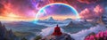 a monk in red in mediation on the mountain ,An incredible fantasy world . AI generate