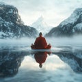 The monk, seen from behind, sits in perfect stillness on an icy platform. The mist-covered mountains and the lakes reflection Royalty Free Stock Photo