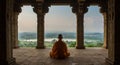 Monk meditates overlook landscape Royalty Free Stock Photo