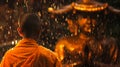 A monk stands calmly in the rain, his robes glistening with droplets. Generative Ai