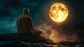 A monk statue under the glow of a full moon, creating a serene and spiritual atmosphere. Generative Ai