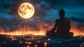 A monk statue under the glow of a full moon, creating a serene and spiritual atmosphere. Generative Ai