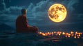 A monk statue under the glow of a full moon, creating a serene and spiritual atmosphere. Generative Ai