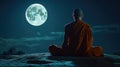 A monk statue under the glow of a full moon, creating a serene and spiritual atmosphere. Generative Ai