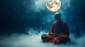 A monk statue under the glow of a full moon, creating a serene and spiritual atmosphere. Generative Ai