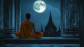 A monk statue under the glow of a full moon, creating a serene and spiritual atmosphere. Generative Ai