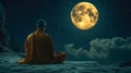A monk statue under the glow of a full moon, creating a serene and spiritual atmosphere. Generative Ai