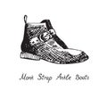 Monk Strap Ankle Boot, isolated hand drawn outline doodle, sketch, black and white illustration with inscription Royalty Free Stock Photo