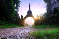 Monk walk to the front of the temple gate at Khao Na Nai Luang Dharma Park in Surat Thani Thailand