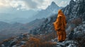 A monk with a walking stick on a rocky mountain.