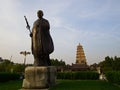 The monk `Xuanzang` statue in front of the big wild goose pagoda. It was built in AD 652 during the Tang dynasty and originally