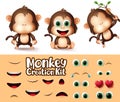 Monkey animals character creator vector set. Monkeys animal character eyes and mouth editable create kit with different emotion.