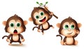 Monkey animals character vector set. Monkeys cute animal kids characters in different pose and gestures like surprise, thinking.