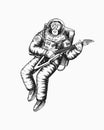 Monkey astronaut plays the electric guitar. Chimpanzee spaceman cosmonaut character. Fashionable animal. Hand drawn