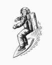 Monkey astronaut rides a surf board.. Chimpanzee spaceman surfrider. Cosmonaut character. Fashionable animal. Hand drawn Royalty Free Stock Photo