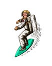 Monkey astronaut rides a surf board.. Chimpanzee spaceman surfrider. Cosmonaut character. Fashionable animal. Hand drawn Royalty Free Stock Photo