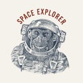 Monkey astronaut in a spacesuit label. Chimpanzee Spaceman dressed in Suit. Fashion Animal character. Hand drawn sketch Royalty Free Stock Photo