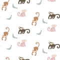 Monkey banana baby seamless pattern, kid apes pink background for clothes design print textile design