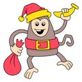 Monkey is being santa claus giving out christmas gifts, doodle icon image kawaii