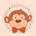 Monkey Is A Boy In An Abstract New Year&#x27;s Wreath. Hand Drawing For Children. Sloppy Color Illustration For Printing
