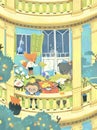 Monkey boy and her Dog , fox friends enjoying leisure time in a cafÃÂ© balcony illustration