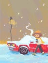 Monkey boy walking in the park drinking a hot coffee in a cold snowy winter day illustratio
