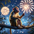 Monkey on a branch with sparkler and fireworks at night animal primate Royalty Free Stock Photo
