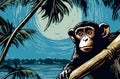 a monkey with brown eyes sad thoughtful sitting on a palm tree