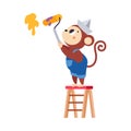 Monkey Builder Character on Stool Paint Wall with Roller Vector Illustration