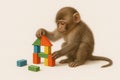A monkey builds a house from colored cubes. Space for text. Royalty Free Stock Photo