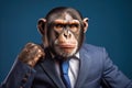 Monkey in business suit on blue background. Concept of successful education Royalty Free Stock Photo