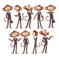Monkey businessman cartoon character dressed in human suit, funny animal in different poses vector Illustration on a
