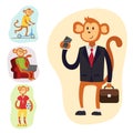 Monkey cartoon suit person costume character chimpanzee happiness man flat vector illustration