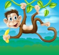 Monkey cartoon in jungle swinging on vine Royalty Free Stock Photo