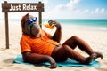 The monkey character is sunbathing drinking orange juice and it says just relax Royalty Free Stock Photo