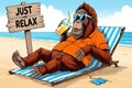 The monkey character is sunbathing drinking orange juice and it says just relax Royalty Free Stock Photo