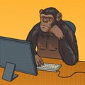 Monkey chimp sitting at computer pop art vector Royalty Free Stock Photo