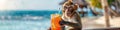a monkey with a cocktail on the background of the beach. Selective focus Royalty Free Stock Photo