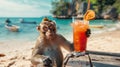 a monkey with a cocktail on the background of the beach. Selective focus Royalty Free Stock Photo