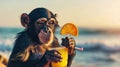 a monkey with a cocktail on the background of the beach. Selective focus Royalty Free Stock Photo