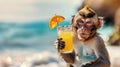 a monkey with a cocktail on the background of the beach. Selective focus Royalty Free Stock Photo