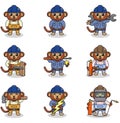 Cute Monkey engineers workers, builders characters isolated cartoon illustration.