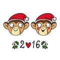 Monkey couple in Santa's hats, chinese new year 2016 symbol, cut Royalty Free Stock Photo