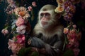 Monkey creative portrait with many colorful flowers. Generative AI