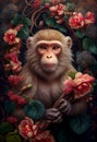 Monkey creative portrait with many colorful flowers. Generative AI