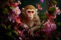 Monkey creative portrait with many colorful flowers. Generative AI