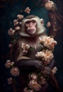 Monkey creative portrait with many colorful flowers. Generative AI